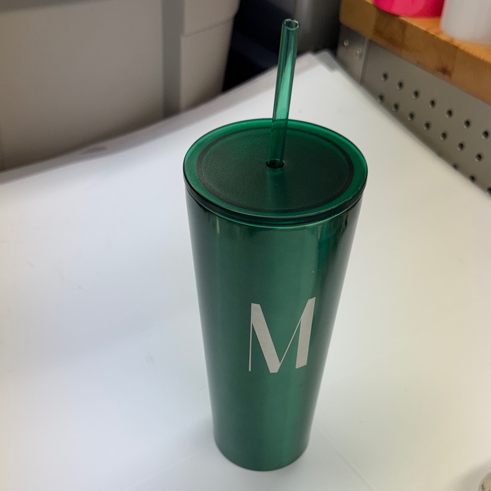 Modern Expressions Green Tumbler letter M with Straw new